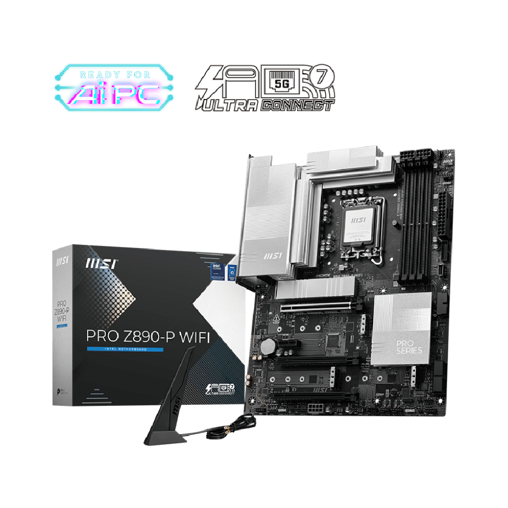 MSI PRO Z890-P WiFi 911-7E34-001 Motherboard - LGA 1851, Intel Z890, 4x DDR5, PCIe 5.0, 5G LAN, WiFi 7, 1x M.2 Gen5, ATX  911-7E34-001