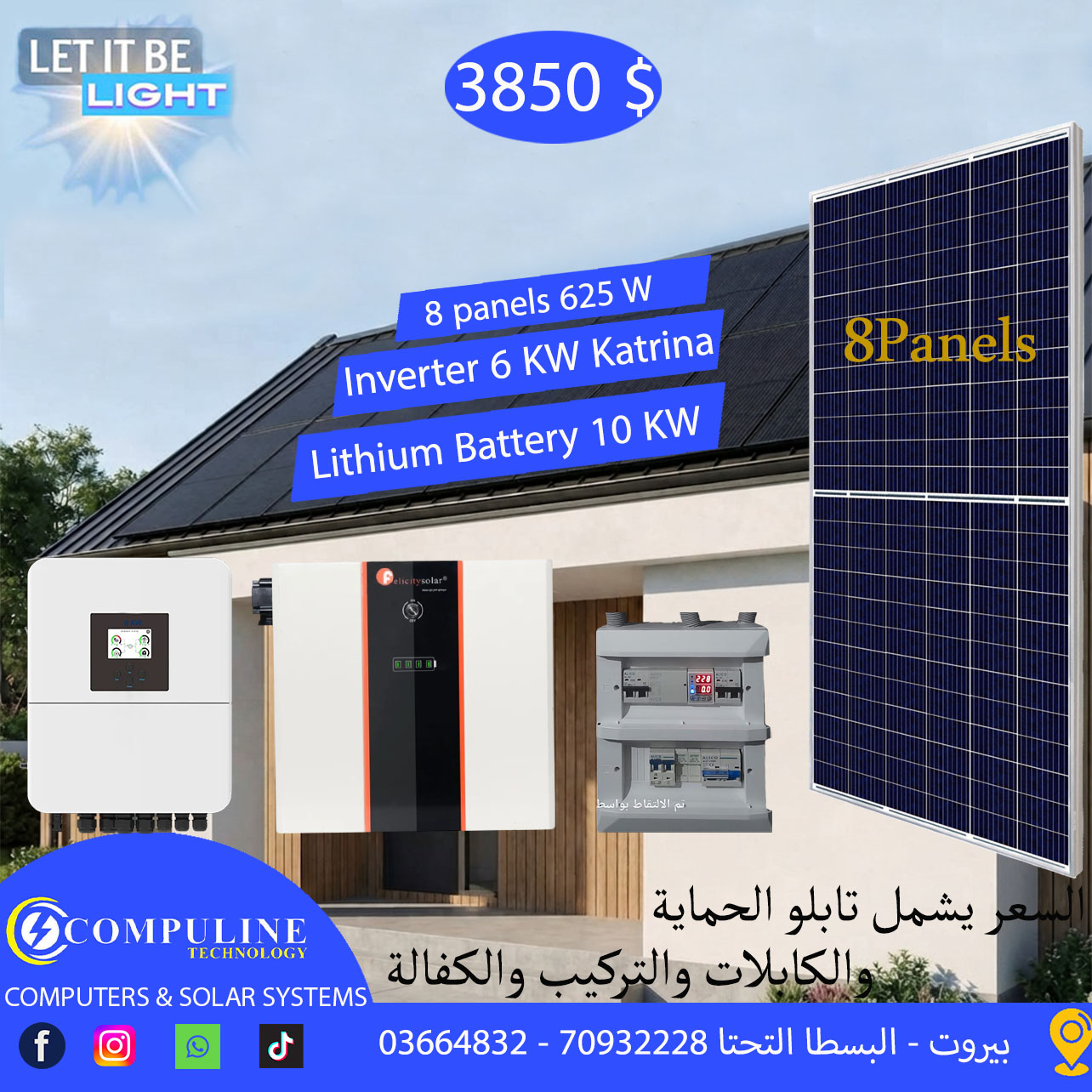 SOLAR PROJECT 8 Panels 625 W- 6 KW inverter - Lithium Battery 10 KW