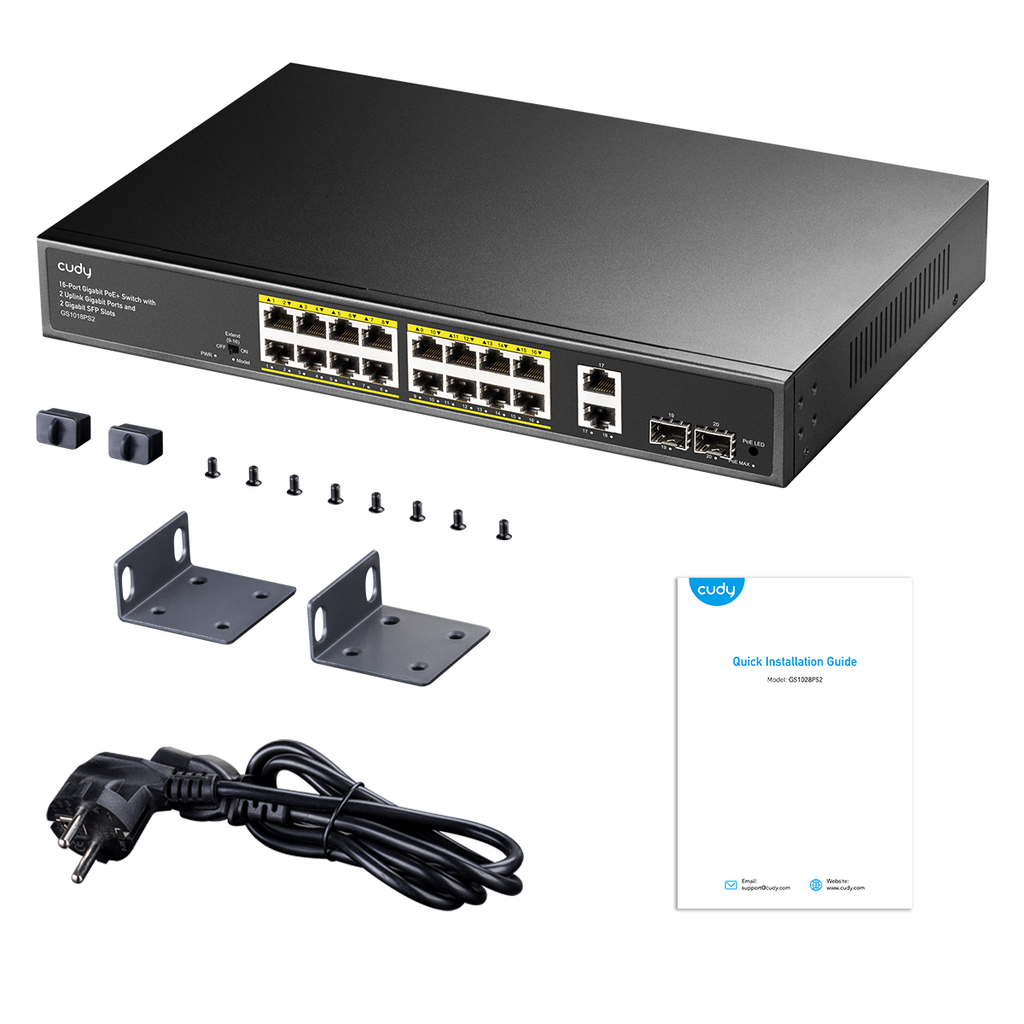 CUDY 16-Port Gigabit PoE+ Switch with 2 Uplink Gigabit Ports and 2 Gigabit SFP Slots 200W GS1018PS2