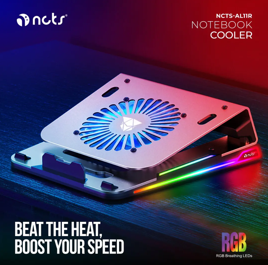 NCTS Aluminum RGB Laptop Cooler – 10 RGB Modes, 4 USB Ports, Silent Cooling, 1300RPM One 110mm Fan , Supports Up to 15.6” Laptops - SILVER  AL11R