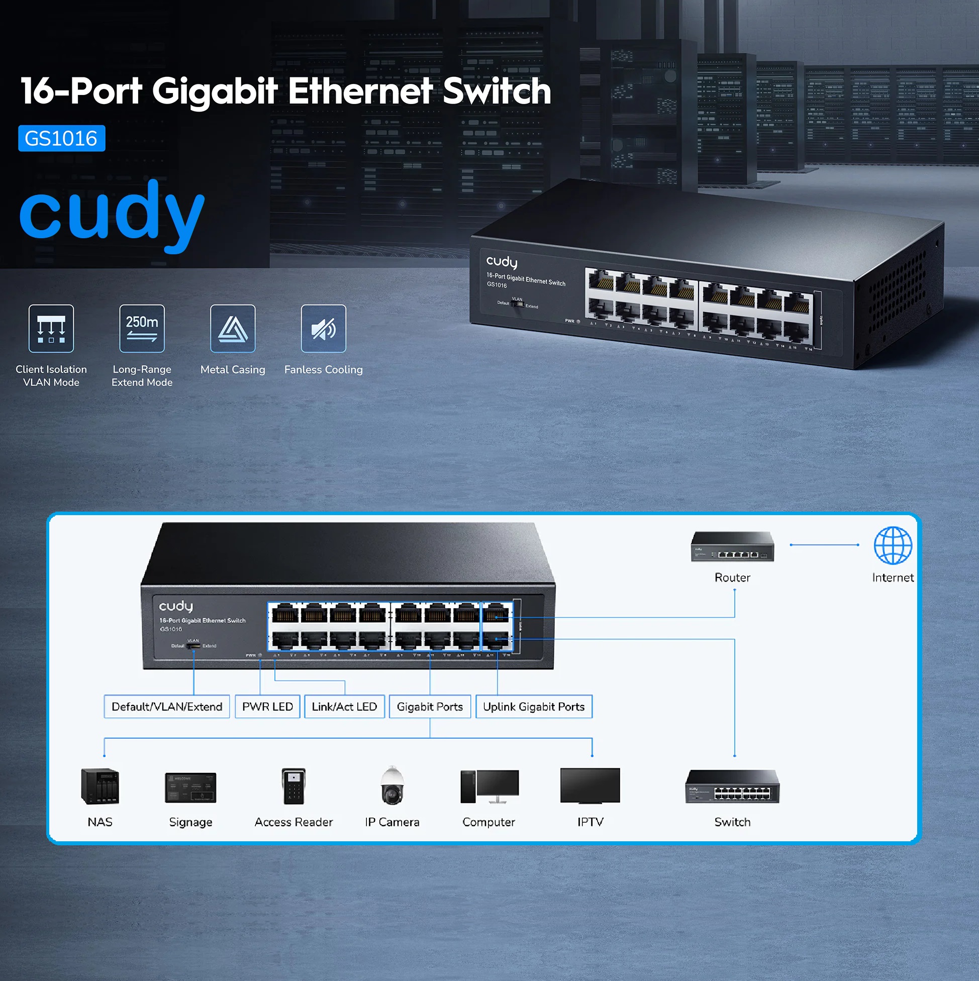 CUDY 16-Port Gigabit Unmanaged Switch  GS1016