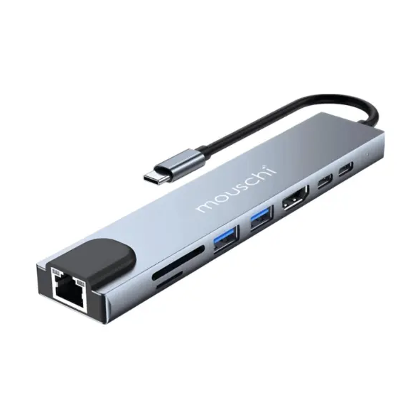 MOUSCHI USB-C Hub 8-in-1 – HDMI, LAN, SD/TF, USB 3.0, USB 2.0, Dual  USB-C