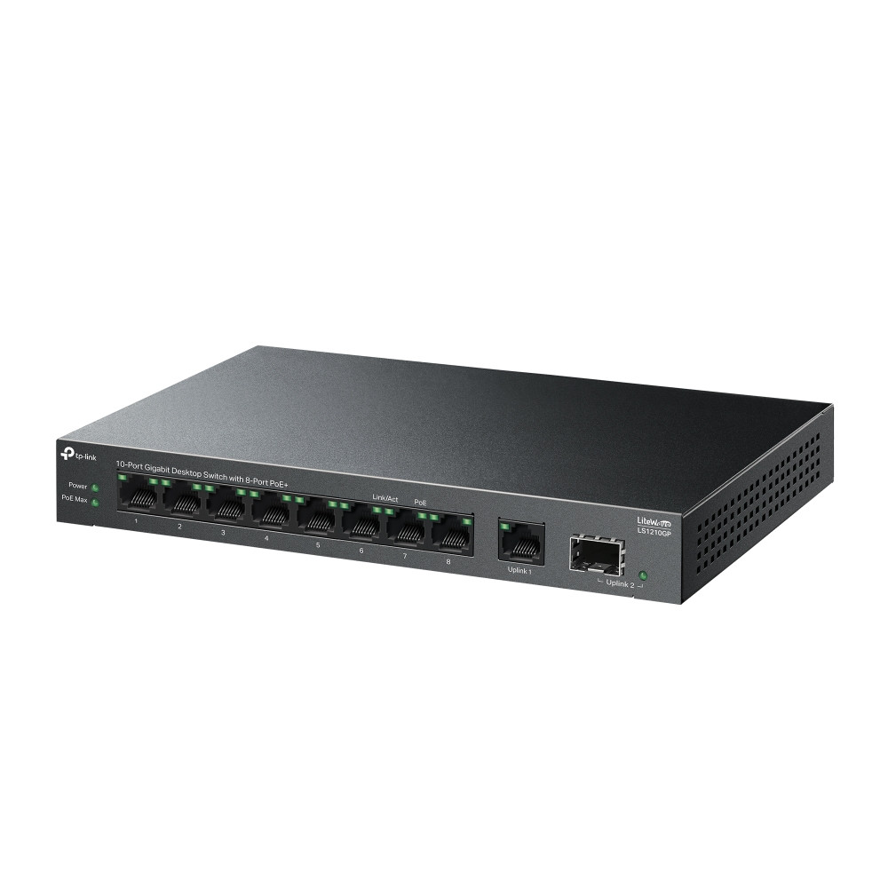 TP-LINK Switch 10 Port Gigabit (9*RJ45 + 1*SFP) with 8-Port PoE+ (61W), Up to 250 m PoE Transmission, Wall Mounting | LS1210GP LS1210GP