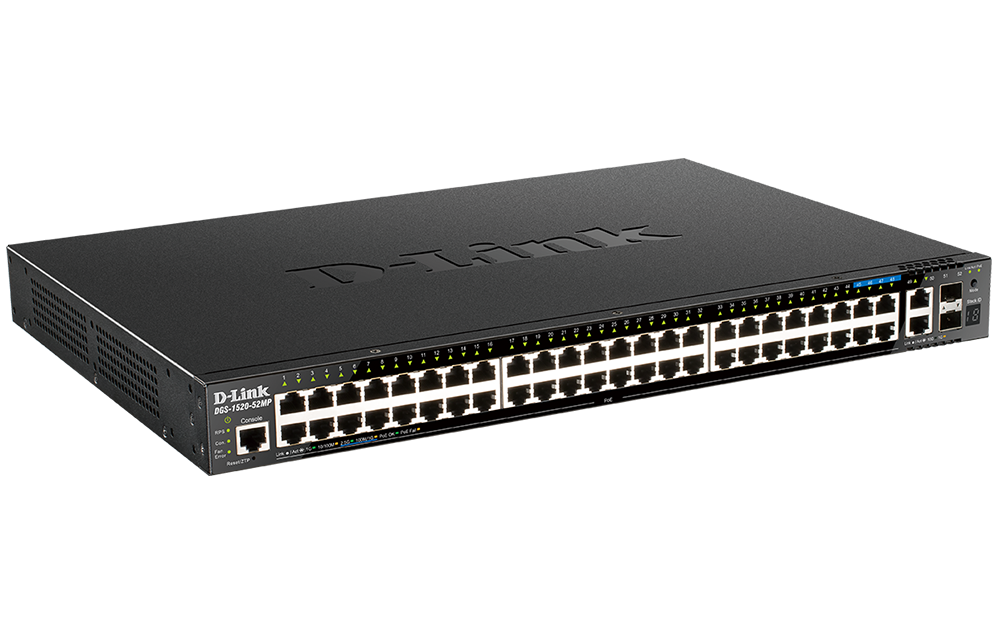 D-Link 52-Port Gigabit Smart Managed Stackable PoE+ Layer 3 Switch with 44 PoE+ 1000Base-T, 4 PoE+ 2.5GBase-T and 4 10Gb Ports|DGS-1520-52MP DGS-1520-52MP