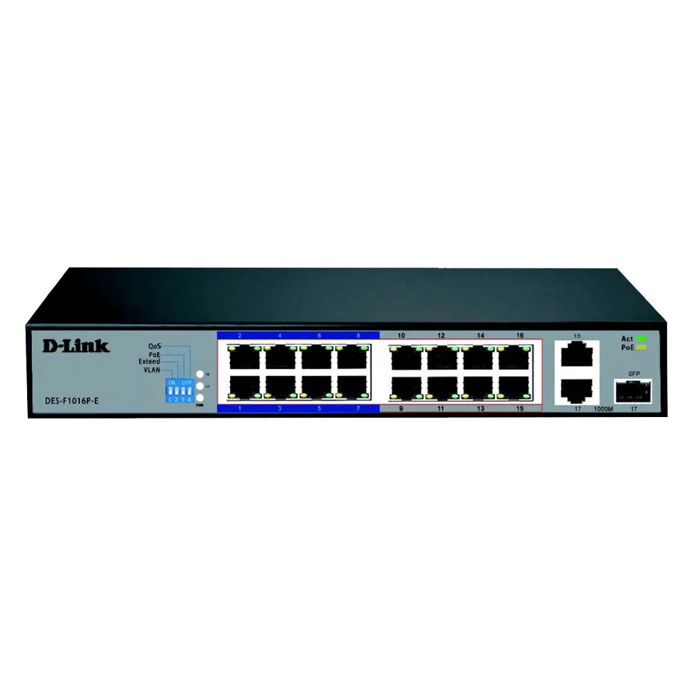 D-Link DES-F1016P-E 16-Port 10/100 Long Range PoE Surveillance Switch , Up To 150 Watts Available For PoE , Plug & Play , 250 Meters Transmission , 6KV Lightening Protection | DES-F1016P-E DES-F1016P-E
